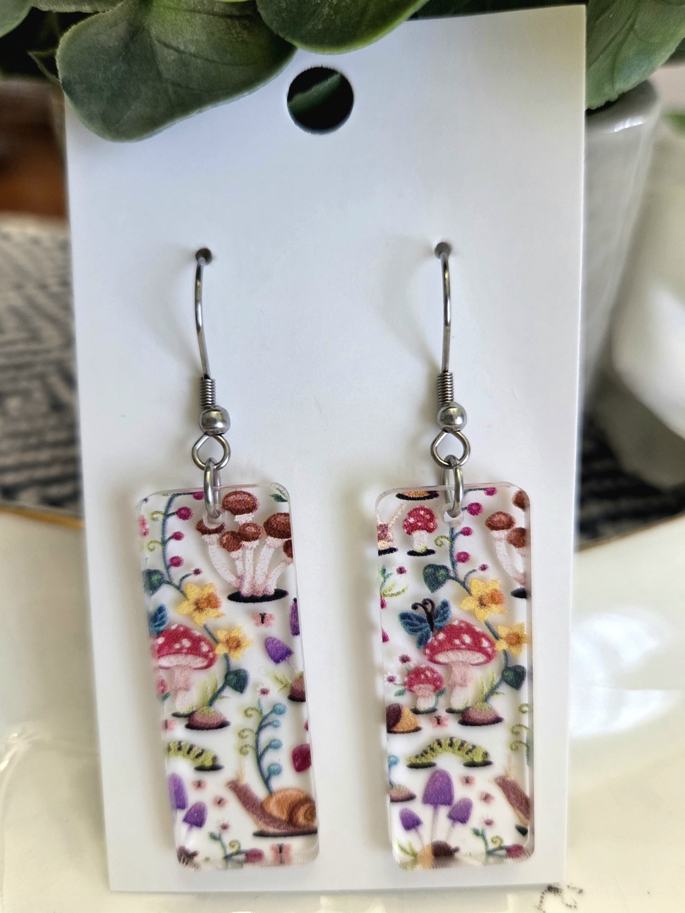 Whimsical Mushroom Garden Resin Drop Earrings